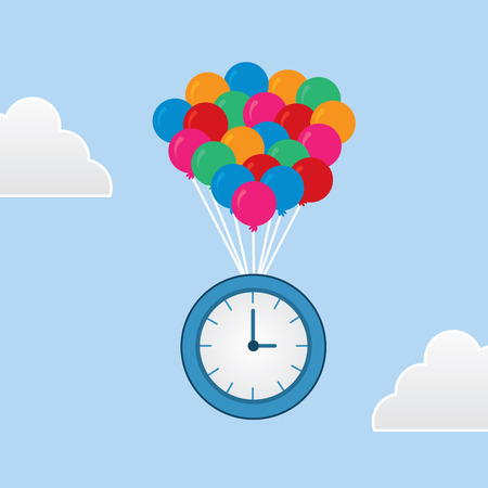 Clock floating from bunch of balloonsのイラスト素材