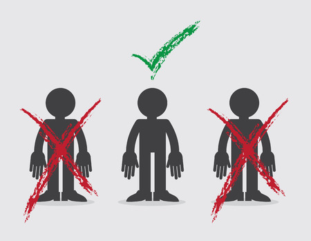 Figures with x marks and one selected with green check markのイラスト素材