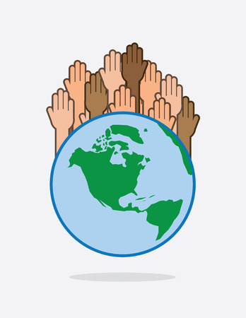 Earth with various hands raisedのイラスト素材