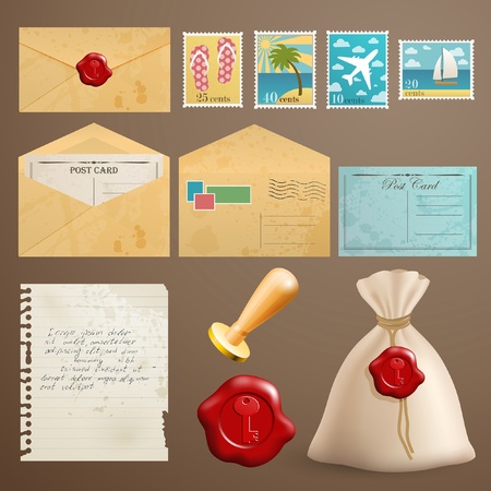 Vintage postcards with post stamps and other elements.のイラスト素材