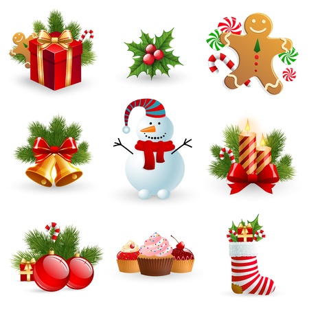 Christmas object element - fir tree snowman gingerbread gift candle sock bell ball holy berry.のイラスト素材