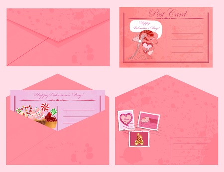 Valentine's day vintage postcards and envelopes with stamps.のイラスト素材