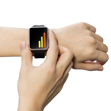 Close-up wrist shot of smart watch and app on hands with isolate white backgroundの写真素材