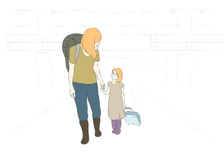 Hand drawing illustration of mother and daughter at airport escape from the city before city lockdown after coronavirus, covid-19 pandemic around the world.のイラスト素材