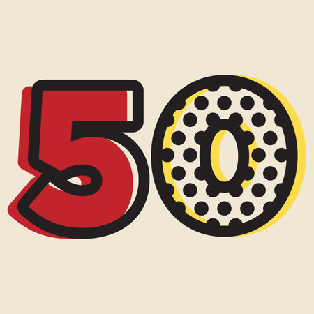Celebrating, anniversary of number 50th year anniversary. In colorful pop art retro-vintage style, color halftone vector  for  birthday, backdrop, label, logo , advertising or stationary.のイラスト素材