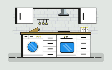 A clean, minimalist flat design illustration of a modern kitchen. Featuring cabinetry, an oven, washing machine, and cooking utensils in a cozy setup, perfect for home decor or interior design concepts.のイラスト素材