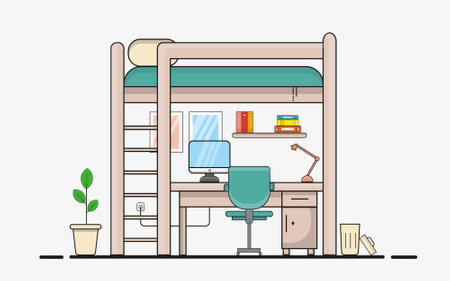 A modern flat design illustration of a loft bed with an integrated workspace below, including a desk, chair, bookshelves, and plant. Ideal for home office, workspace, or student room themes.のイラスト素材