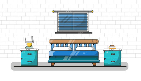 A serene flat design illustration of a bedroom with a bed, nightstands, and window blinds, perfect for lifestyle and home decor illustrations focused on modern interior design.のイラスト素材