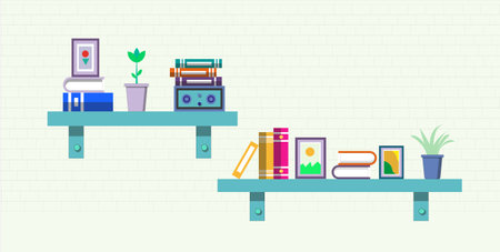 A stylish flat design illustration of floating shelves adorned with books, plants, and decorations, ideal for interior decor, lifestyle themes, or home organization concepts.のイラスト素材
