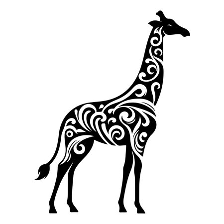 This high-quality vector art showcases a stylized giraffe silhouette adorned with elegant tribal patterns, blending traditional African art with modern design elements. Perfect for use in African-themed projects, wildlife conservation campaigns, decorative art, and graphic design. This tribal giraffe vector brings a unique, exotic touch to posters, apparel, tattoos, and more.のイラスト素材