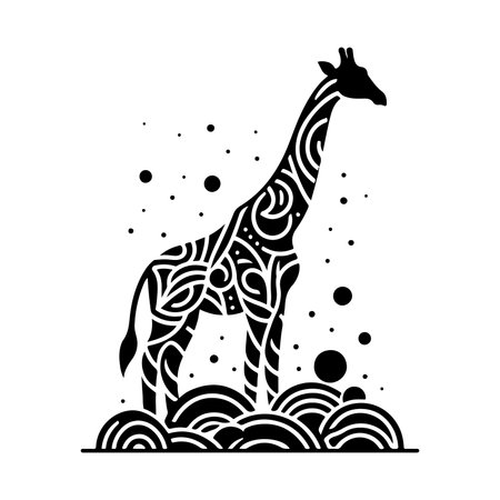 This high-quality vector art showcases a stylized giraffe silhouette adorned with elegant tribal patterns, blending traditional African art with modern design elements. Perfect for use in African-themed projects, wildlife conservation campaigns, decorative art, and graphic design. This tribal giraffe vector brings a unique, exotic touch to posters, apparel, tattoos, and more.のイラスト素材