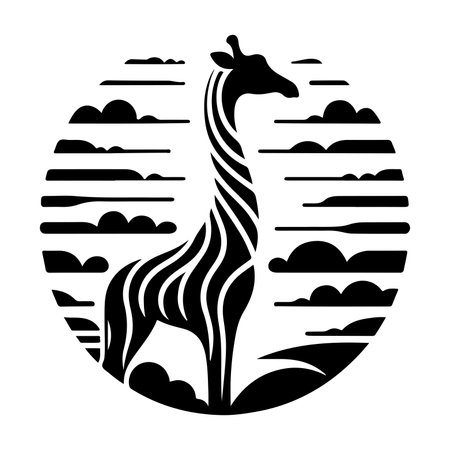 This beautifully detailed giraffe silhouette features intricate tribal patterns and a captivating African landscape, including acacia trees and birds. The circular design evokes the essence of the savannah, perfect for African wildlife-themed projects, tribal art designs, home decor, or logos. This vector art adds a stunning and cultural touch to posters, textiles, and other creative ventures.のイラスト素材