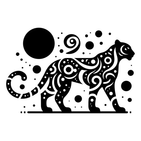 Experience the mystique of the wild with this celestial leopard silhouette design, combining intricate tribal patterns, moon phases, stars, and botanical elements. This versatile artwork is ideal for t shirt prints, wall art, tattoo designs, and more, capturing the essence of nature and wildlife in a modern, abstract form. Perfect for wildlife lovers and those seeking unique, nature inspired art with a touch of mystery. Add this design to your collection for a timeless, tribal inspired aesthetic.のイラスト素材
