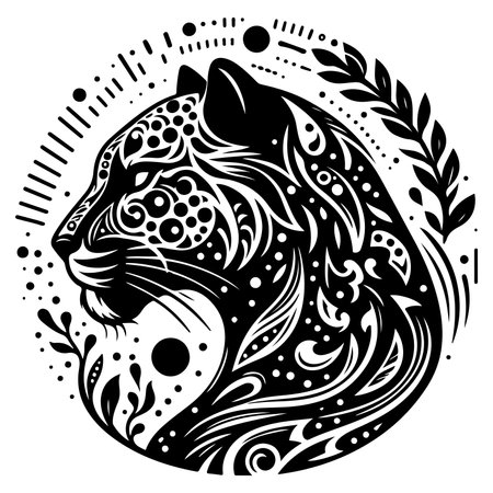 Experience the mystique of the wild with this celestial leopard silhouette design, combining intricate tribal patterns, moon phases, stars, and botanical elements. This versatile artwork is ideal for t shirt prints, wall art, tattoo designs, and more, capturing the essence of nature and wildlife in a modern, abstract form. Perfect for wildlife lovers and those seeking unique, nature inspired art with a touch of mystery. Add this design to your collection for a timeless, tribal inspired aesthetic.のイラスト素材