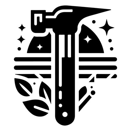 Creative Black Hammer Icon with Leaves and Starsのイラスト素材