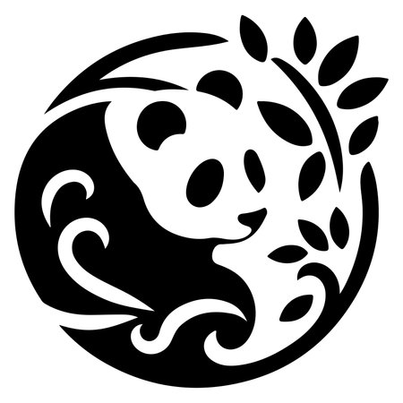 This image features a stylized panda surrounded by leaf and wave motifs. The panda, depicted in a minimalist black and white design, represents balance and harmony. The leaves and waves add a natural and dynamic touch, symbolizing the interconnectedness of nature and the flow of life. This design is both visually appealing and rich in symbolic meaning, making it a perfect representation of balance, peace, and the natural world.のイラスト素材