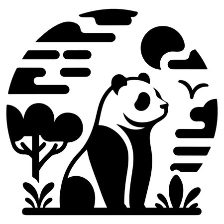 This striking black and white illustration features a majestic panda sitting amidst a serene natural landscape. The panda is depicted in a stylized silhouette form, surrounded by abstract representations of trees, clouds, and a bird in flight. The minimalist design captures the essence of wildlife and nature, making it a perfect piece for art enthusiasts and nature lovers alikeのイラスト素材