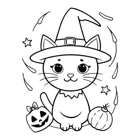 printable Cute Halloween Cat Coloring Pages for Kidsのイラスト素材