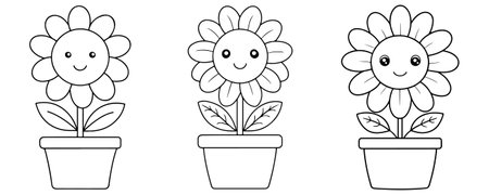 A Charming Collection Of Potted Flowers Ready For Coloring, Simple Line Art With Delicate Flower Petals And Sturdy Pots, Perfect For A Spring-themed Activityのイラスト素材