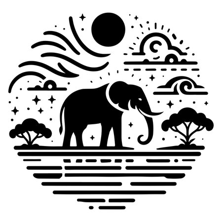 A black and white illustration of an elephant in a circular frame, featuring stylized sun, clouds, and trees.のイラスト素材