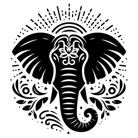 A stylized elephant head illustration featuring intricate floral patterns and a sunburst effect.のイラスト素材