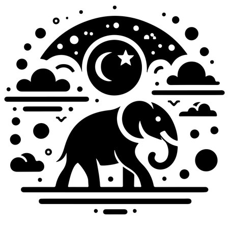 A stylized black and white illustration of an elephant silhouetted against a night sky with a crescent moon and stars.のイラスト素材