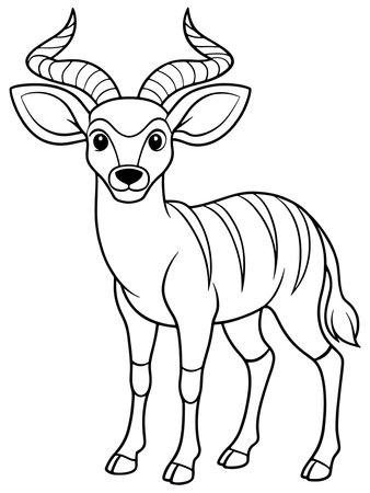 Cute Nyala Antelope Cartoon Character Black And White Outline Great For Animal Learning And Coloring Adventureのイラスト素材