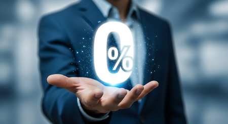 Executive presenting zero interest offer using digital signage for impactful financial communicationの素材