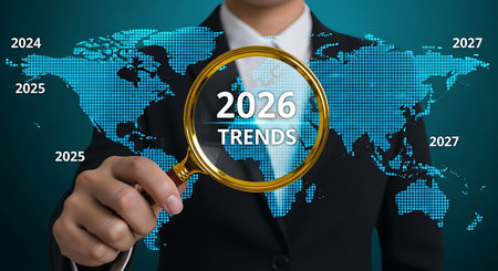 Professional examining global trends using magnifier on map for business forecasting and insightの素材