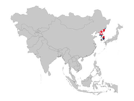 vector illustration of Map of Korean peninsula countries with national flag on Asia mapのイラスト素材