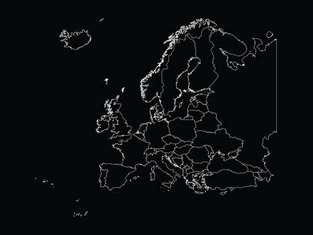 Vector illustration of Outline map of Europe with countries on black backgroundのイラスト素材