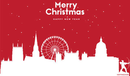 vector illustration of Marry Christmas and Happy new year red greeting card with white cityscape of Nottinghamのイラスト素材