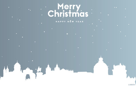 vector illustration of Christmas and new year blue greeting card with white cityscape of Lisbonのイラスト素材