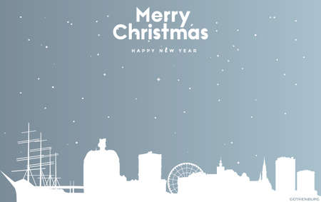 vector illustration of Christmas and new year blue greeting card with white cityscape of Gothenburgのイラスト素材