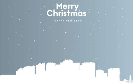vector illustration of Christmas and new year blue greeting card with white cityscape of Malagaのイラスト素材