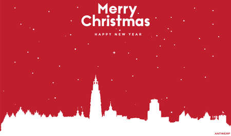 vector illustration of Christmas and new year red greeting card with white cityscape of Antwerpのイラスト素材