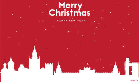 vector illustration of Christmas and new year red greeting card with white cityscape of Sevillaのイラスト素材