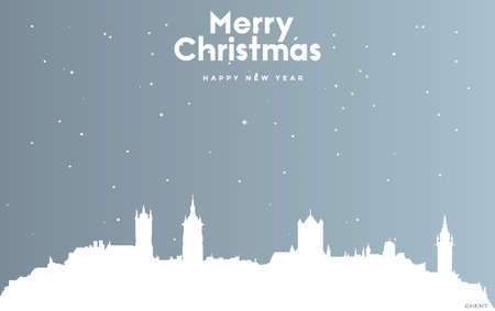 vector illustration of Christmas and new year blue greeting card with white cityscape of Ghentのイラスト素材