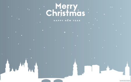 vector illustration of Christmas and new year blue greeting card with white cityscape of Saragossaのイラスト素材