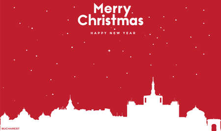 vector illustration of Christmas and new year red greeting card with white cityscape of Bucharestのイラスト素材