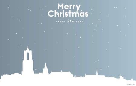 vector illustration of Christmas and new year blue greeting card with white cityscape of Utrechtのイラスト素材