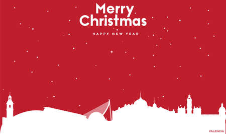 vector illustration of Christmas and new year red greeting card with white cityscape of Valenciaのイラスト素材