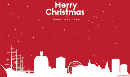 vector illustration of Christmas and new year red greeting card with white cityscape of Gothenburgのイラスト素材