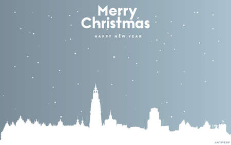 vector illustration of Christmas and new year blue greeting card with white cityscape of Antwerpのイラスト素材