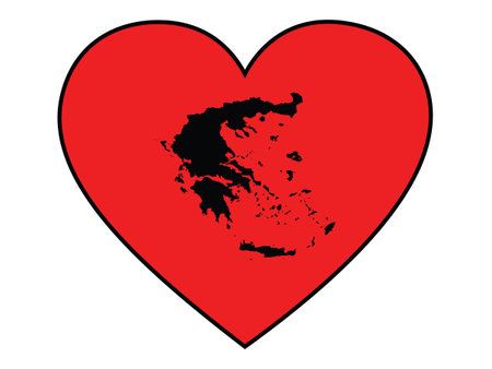 Black map of Greece inside red heart shape with black strokeのイラスト素材