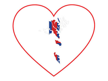 Map of Faroe Islands with national flag inside white heart shape with red strokeのイラスト素材