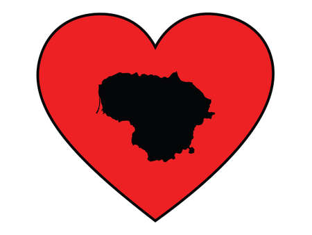 Black map of Lithuania inside red heart shape with black strokeのイラスト素材