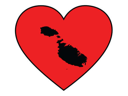 Black map of Malta inside red heart shape with black strokeのイラスト素材