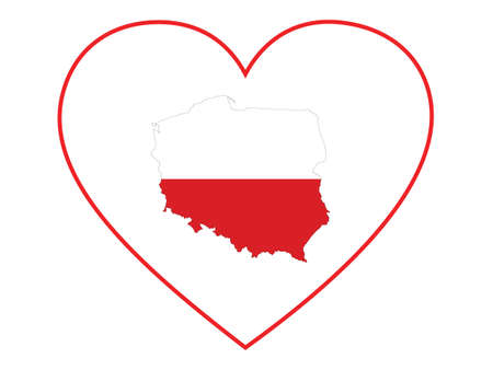 Map of Poland with national flag inside white heart shape with red strokeのイラスト素材