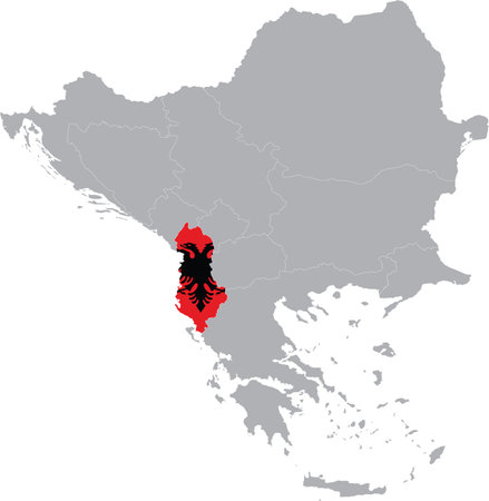 Map of Albania with national flag within the gray map of Balkan peninsulaのイラスト素材